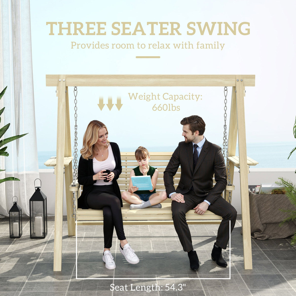 3-Seat Wooden Porch Swing with Stand and Side Tables, Natural Wood