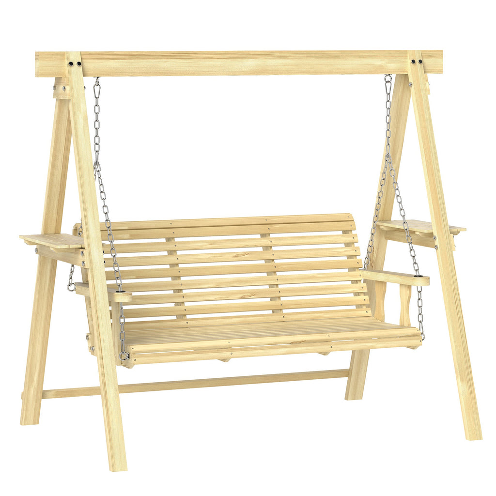 3-Seat Wooden Porch Swing with Stand and Side Tables, Natural Wood