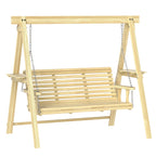 3-Seat Wooden Porch Swing with Stand and Side Tables, Natural Wood