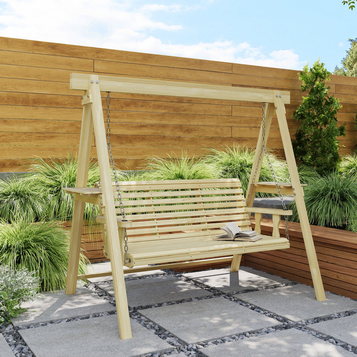 3-Seat Wooden Porch Swing with Stand and Side Tables, Natural Wood