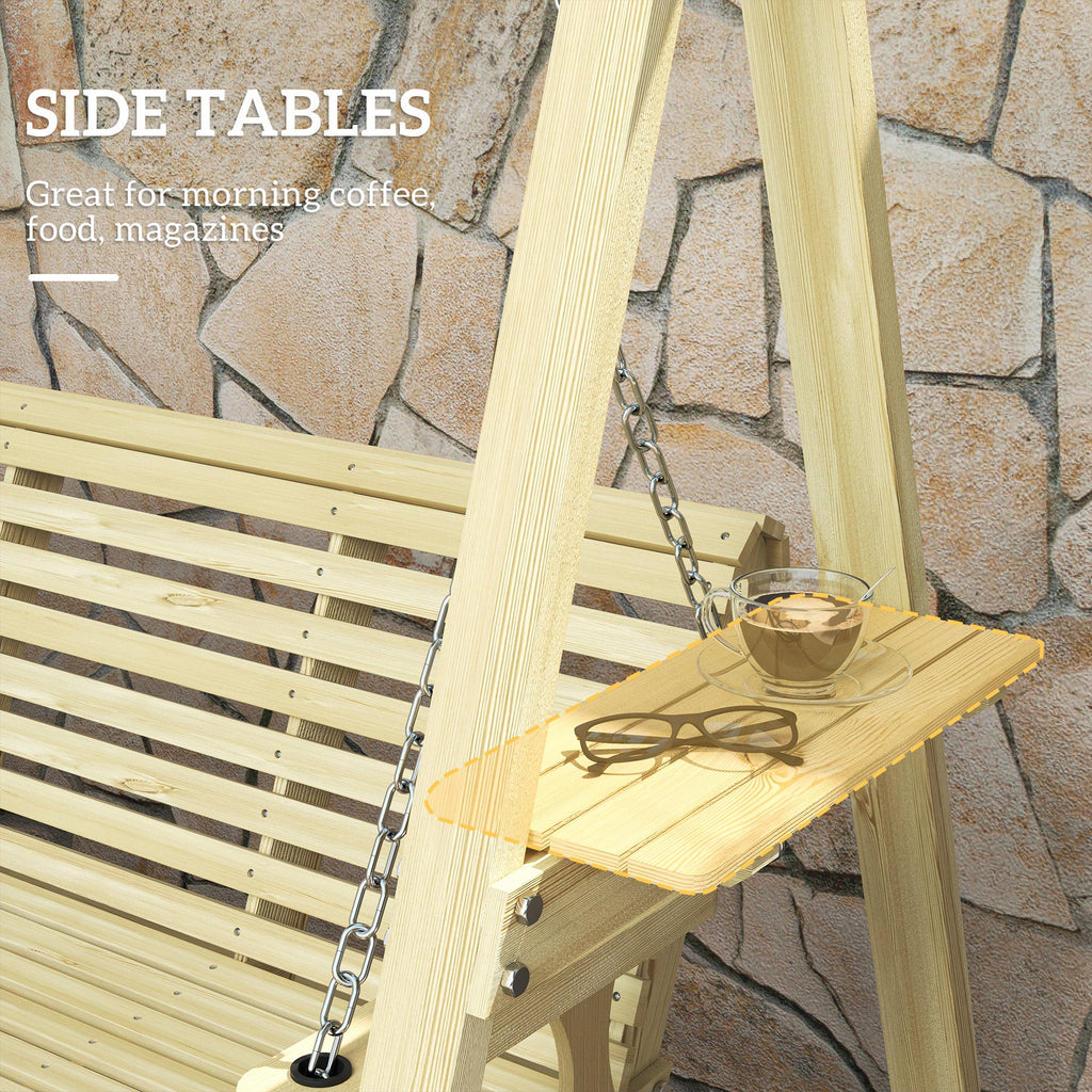 3-Seat Wooden Porch Swing with Stand and Side Tables, Natural Wood