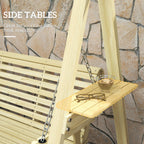 3-Seat Wooden Porch Swing with Stand and Side Tables, Natural Wood