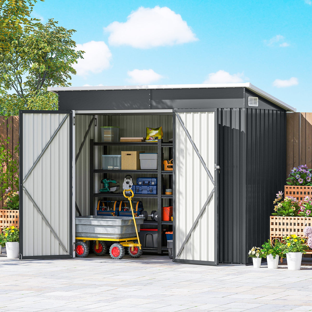 7.5' x 4.3' Metal Outdoor Storage Shed with Lockable Doors, Dark Grey