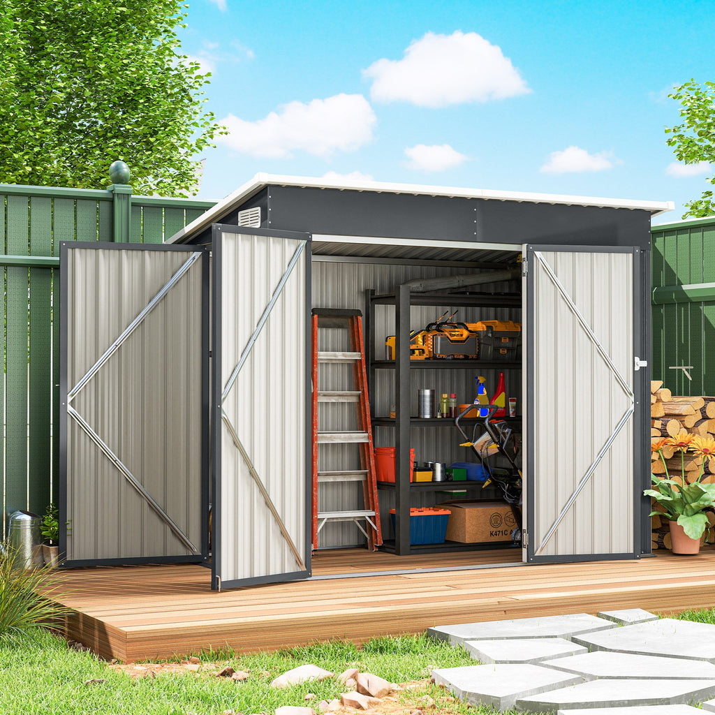 7.5' x 4.3' Metal Outdoor Storage Shed with Lockable Doors, Dark Grey