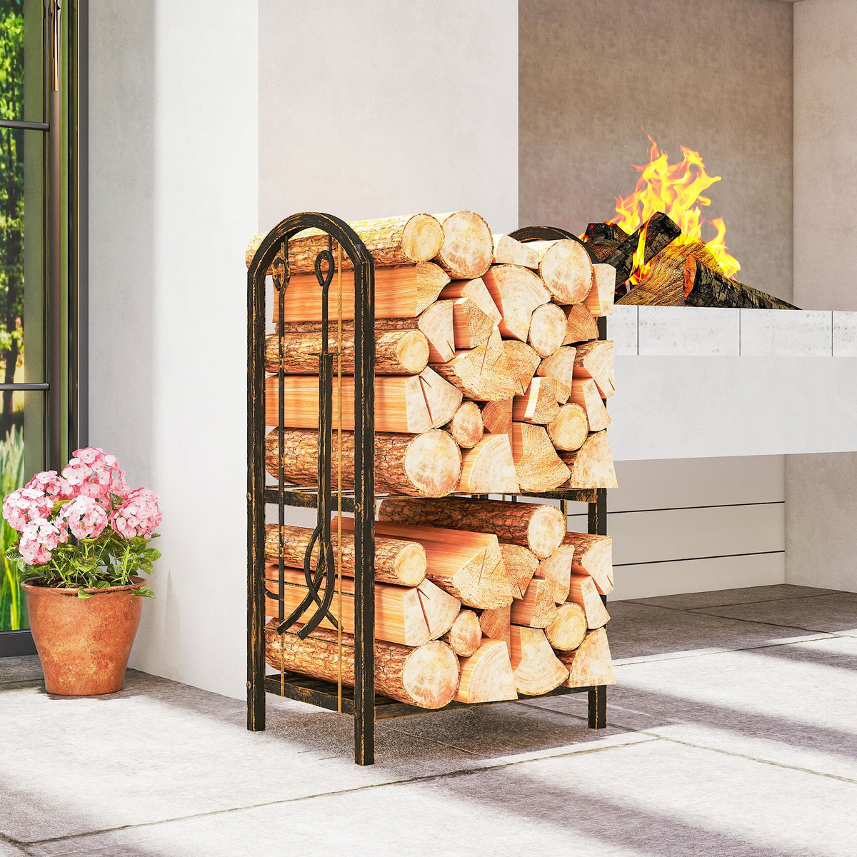 2-Tier Firewood Rack with 4 Fireplace Tools & Hooks, 220 lb Capacity, Coffee Brown