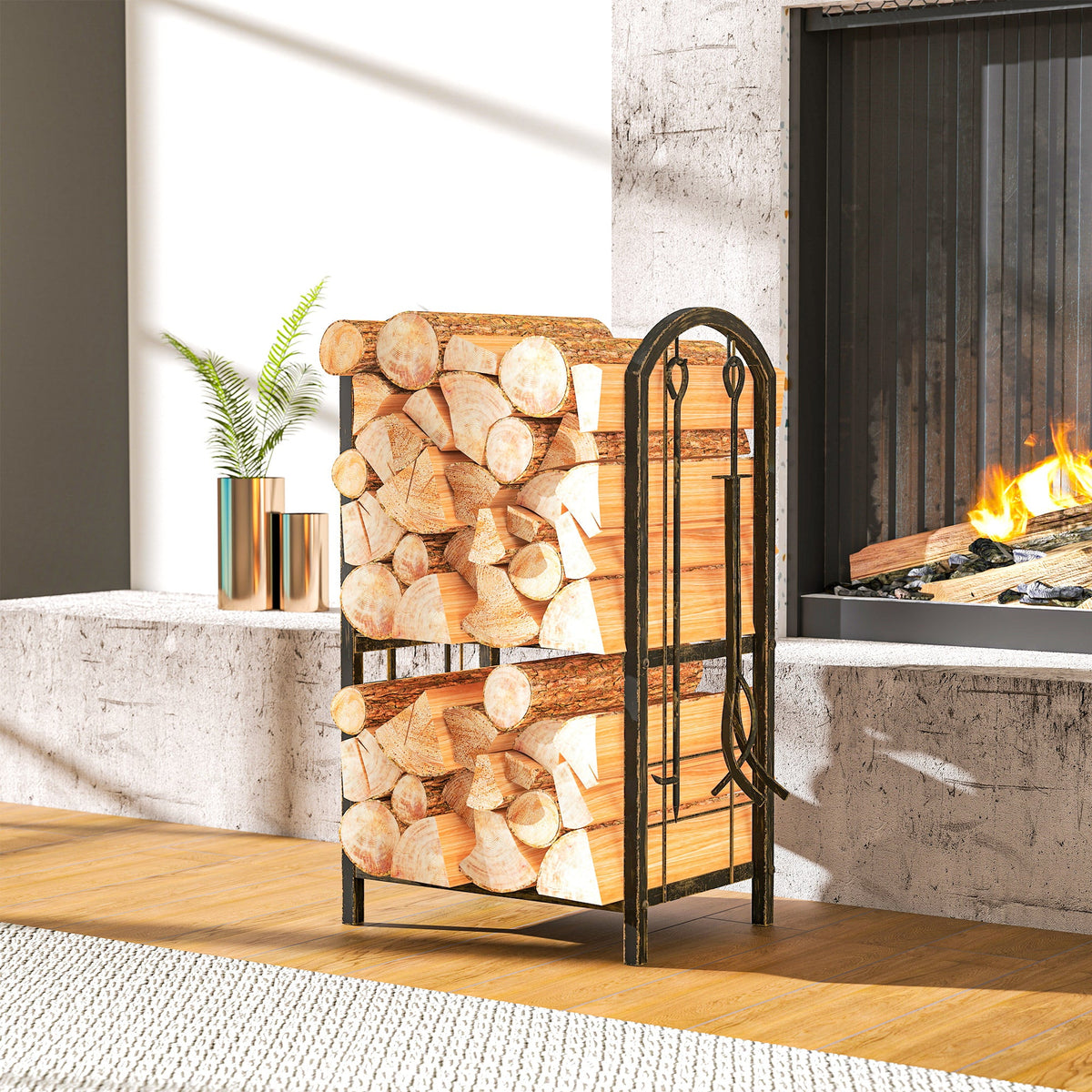 2-Tier Firewood Rack with 4 Fireplace Tools & Hooks, 220 lb Capacity, Coffee Brown