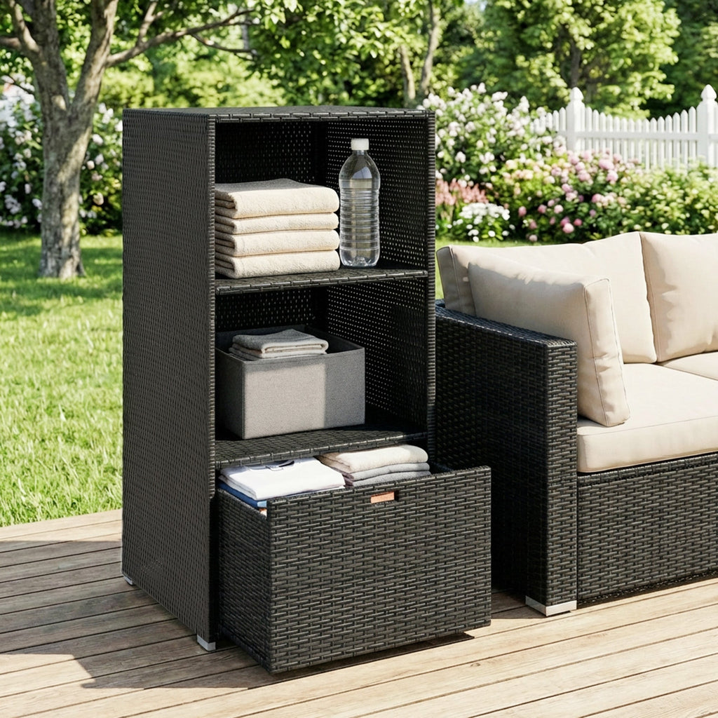 Pool Towel Rack with 2 Shelves and Basket Drawer, PE Rattan, Dark Brown