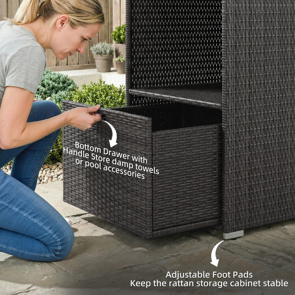 Pool Towel Rack with 2 Shelves and Basket Drawer, PE Rattan, Dark Brown