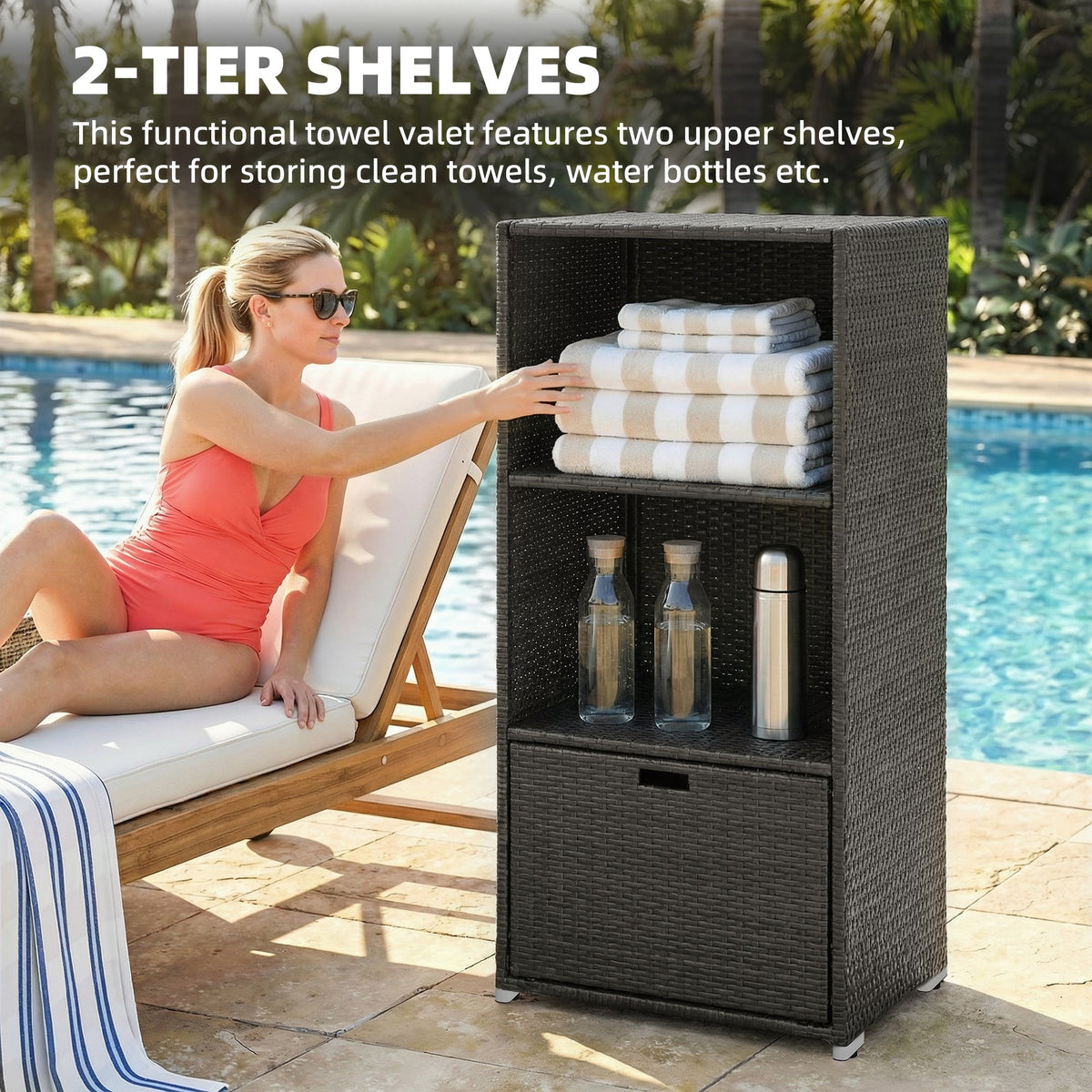 Pool Towel Rack with 2 Shelves and Basket Drawer, PE Rattan, Dark Brown