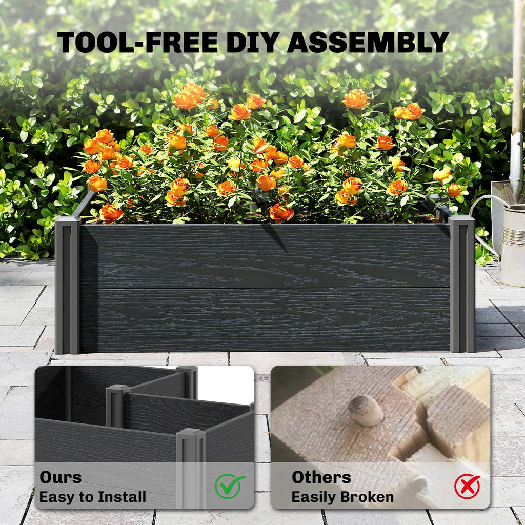 3 x 3 x 1ft Vinyl Raised Garden Bed with Open Bottom, Grey Wood Effect