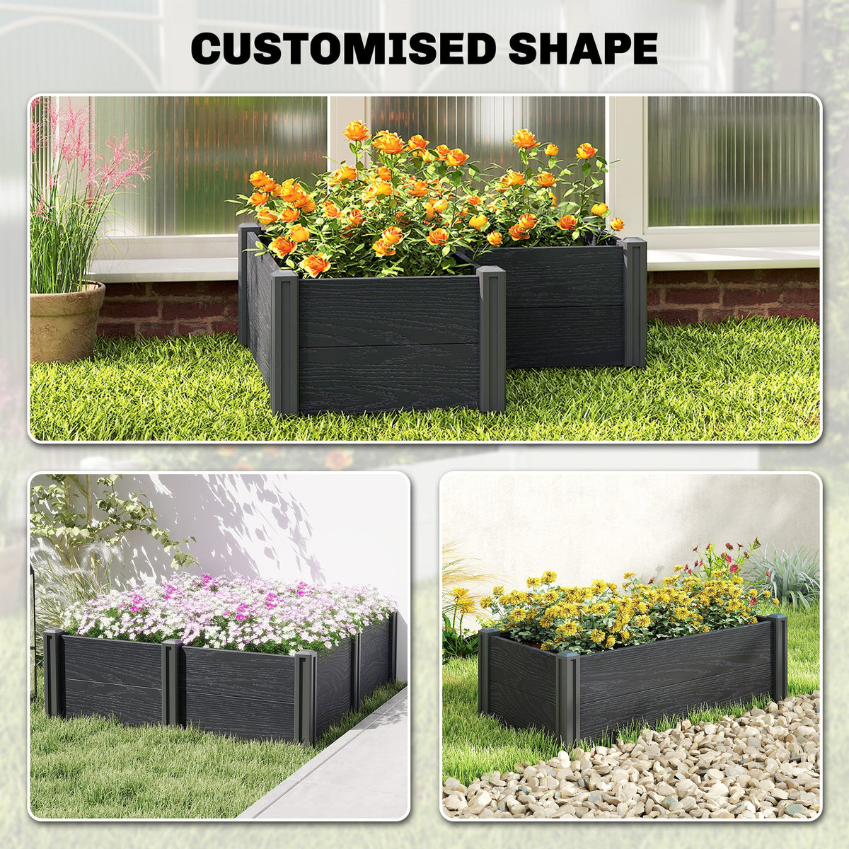 3 x 3 x 1ft Vinyl Raised Garden Bed with Open Bottom, Grey Wood Effect