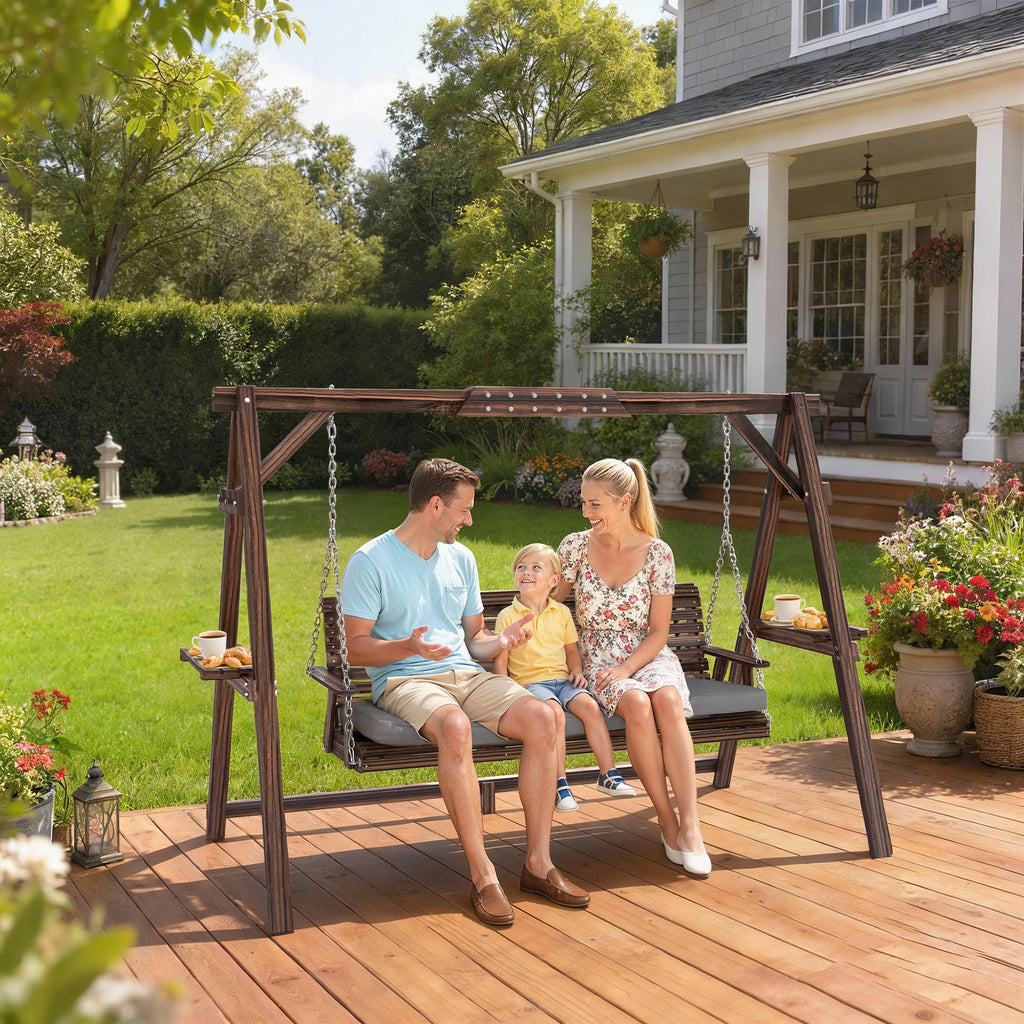 3 Seater Wooden Garden Swing Seat with Cushion and Side Trays, Carbonised Brown