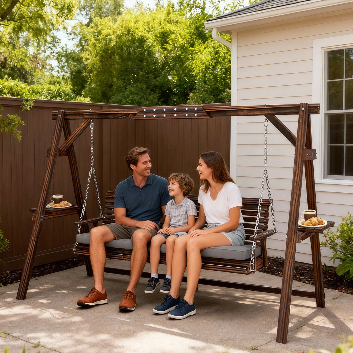 3 Seater Wooden Garden Swing Seat with Cushion and Side Trays, Carbonised Brown