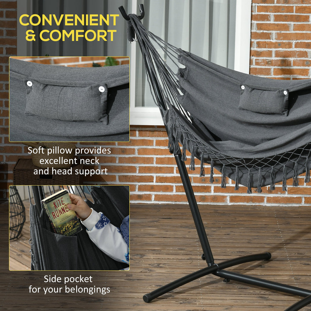 Patio Hammock Chair with Stand, Headrest and Side Pocket, Dark Grey
