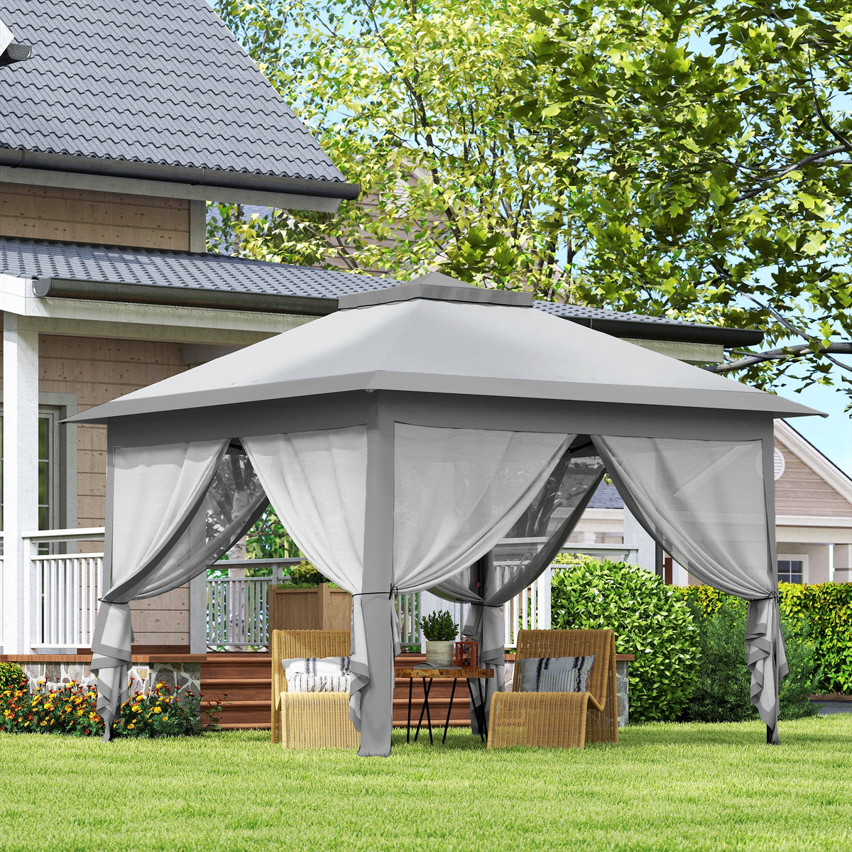 11' x 11' Pop Up Canopy with Double Roof and Mesh Sidewalls, Light Grey