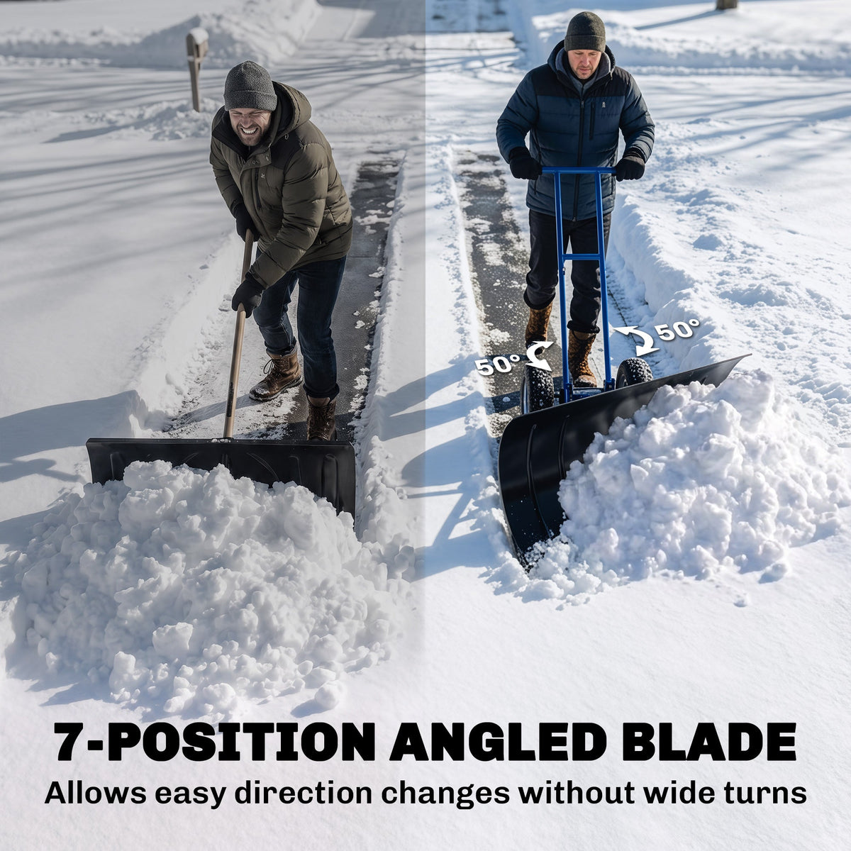 Heavy-Duty Metal Snow Pusher with Wheels, Adjustable Handle, 29" x 18" Blue