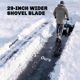 Heavy-Duty Metal Snow Pusher with Wheels, Adjustable Handle, 29" x 18" Blue