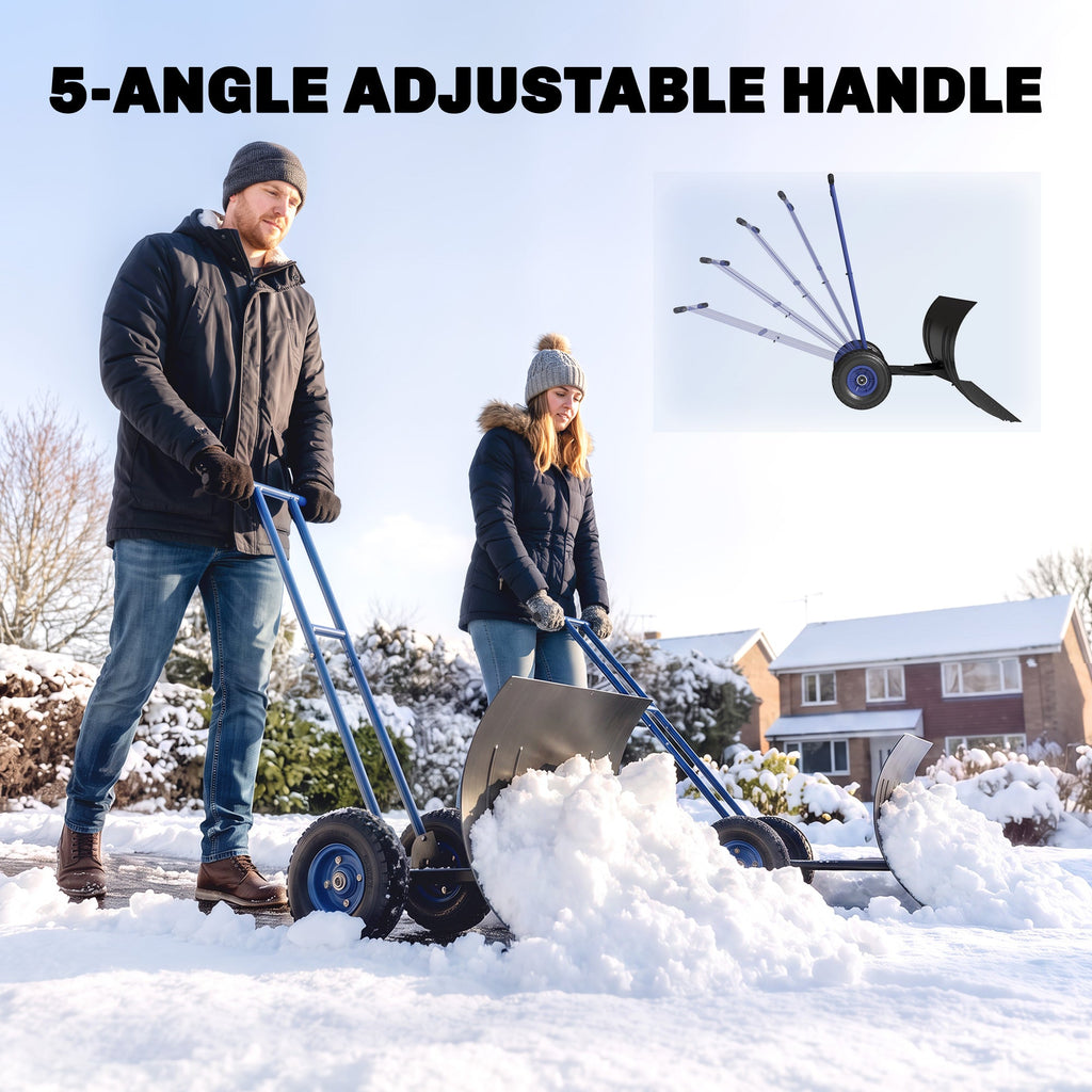 Heavy-Duty Metal Snow Pusher with Wheels, Adjustable Handle, 29" x 18" Blue