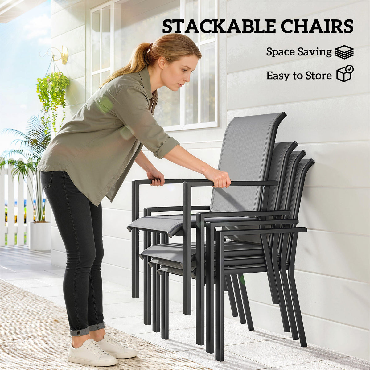 5 Piece Garden Dining Set with Stackable Chairs and Parasol Hole, Dark Grey
