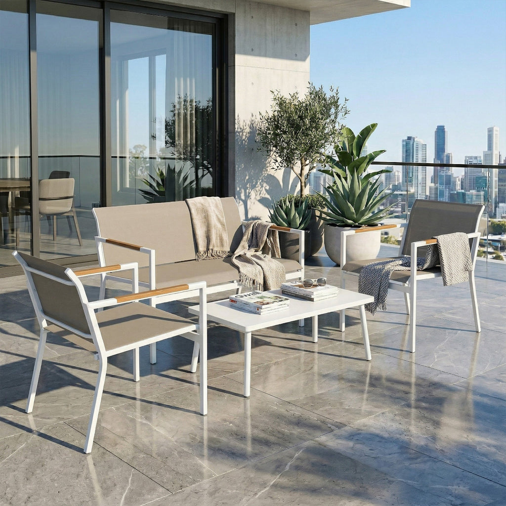 4-Seater Outdoor Sofa Set with Loveseat, 2 Armchairs & Metal-Top Table, Khaki