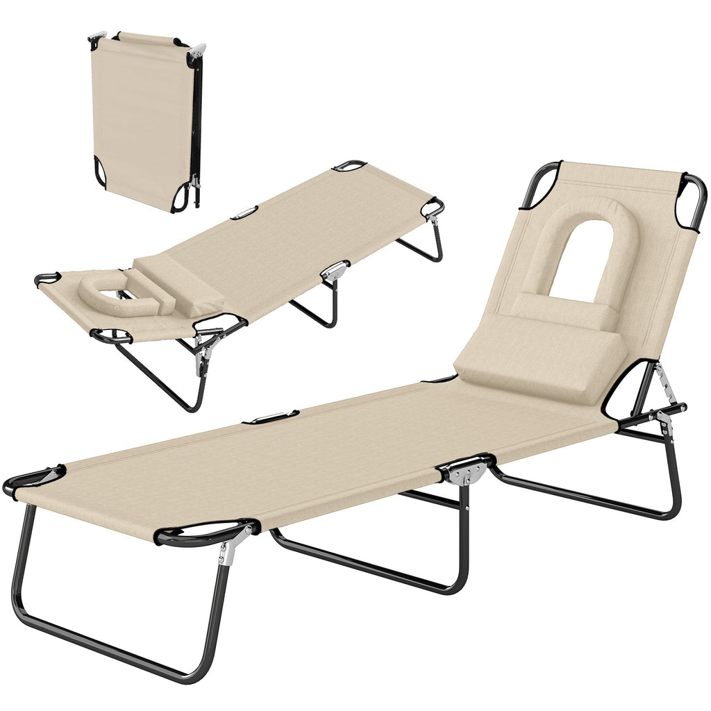 Folding Outdoor Lounge Chair with Face Hole and Pillow, Beige