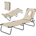 Folding Outdoor Lounge Chair with Face Hole and Pillow, Beige
