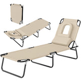 Folding Outdoor Lounge Chair with Face Hole and Pillow, Beige