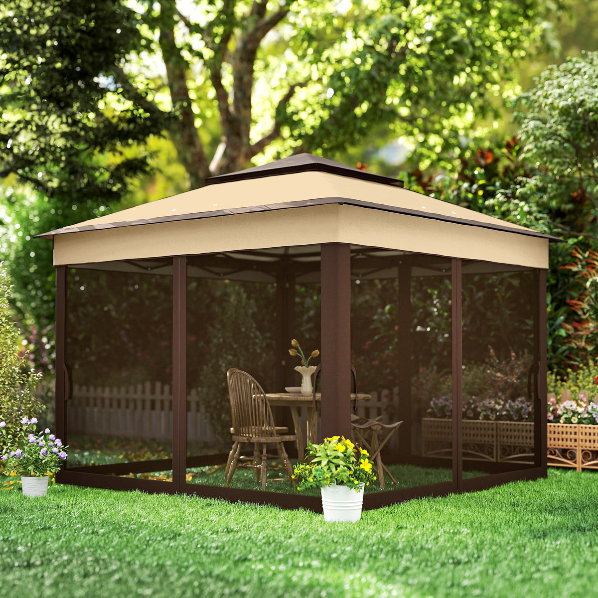 10.7 x 10.7ft Pop-Up Gazebo with Removable Mesh Curtains and UV30 Roof, Beige