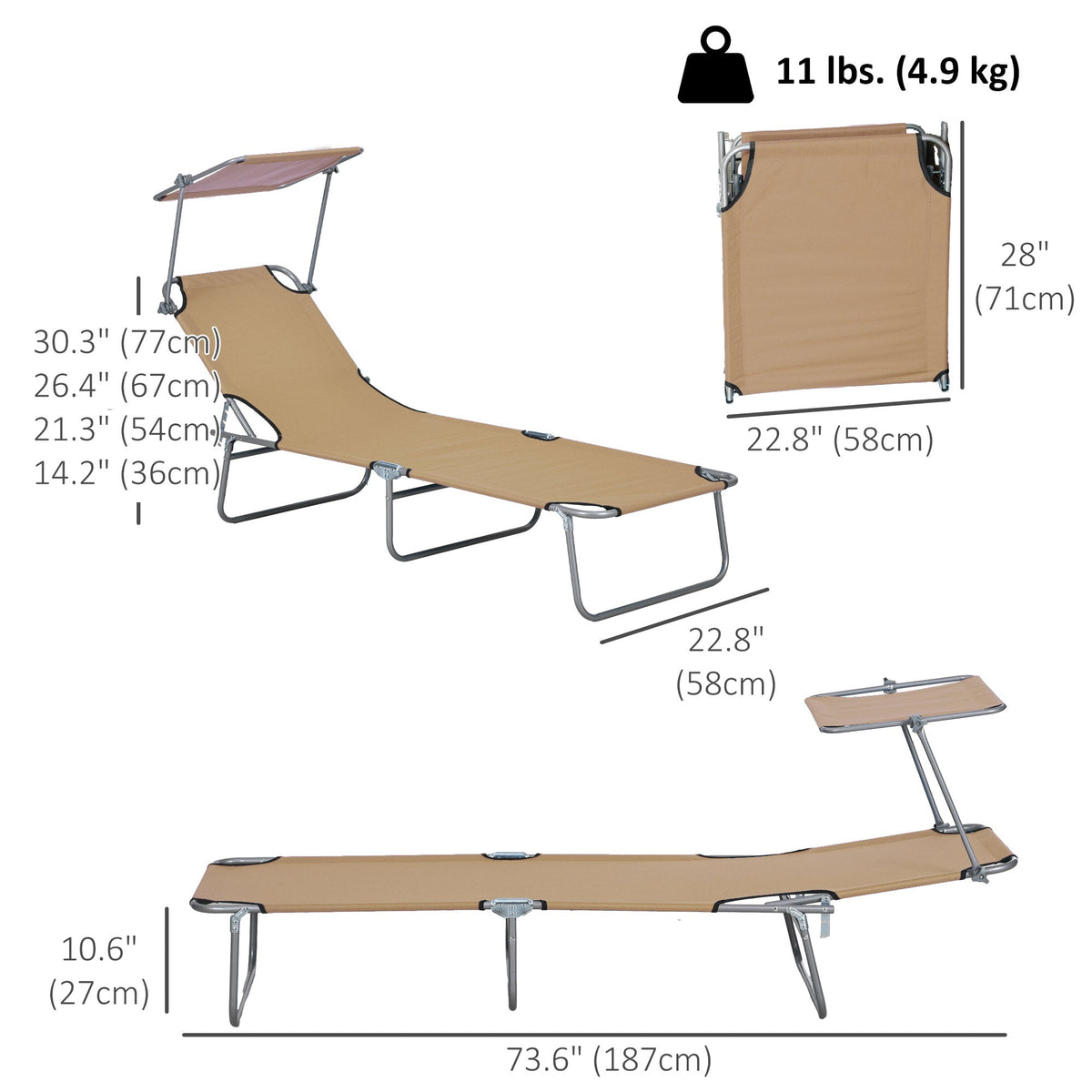 Adjustable Folding Lounge Chair with Sun Shade, Brown