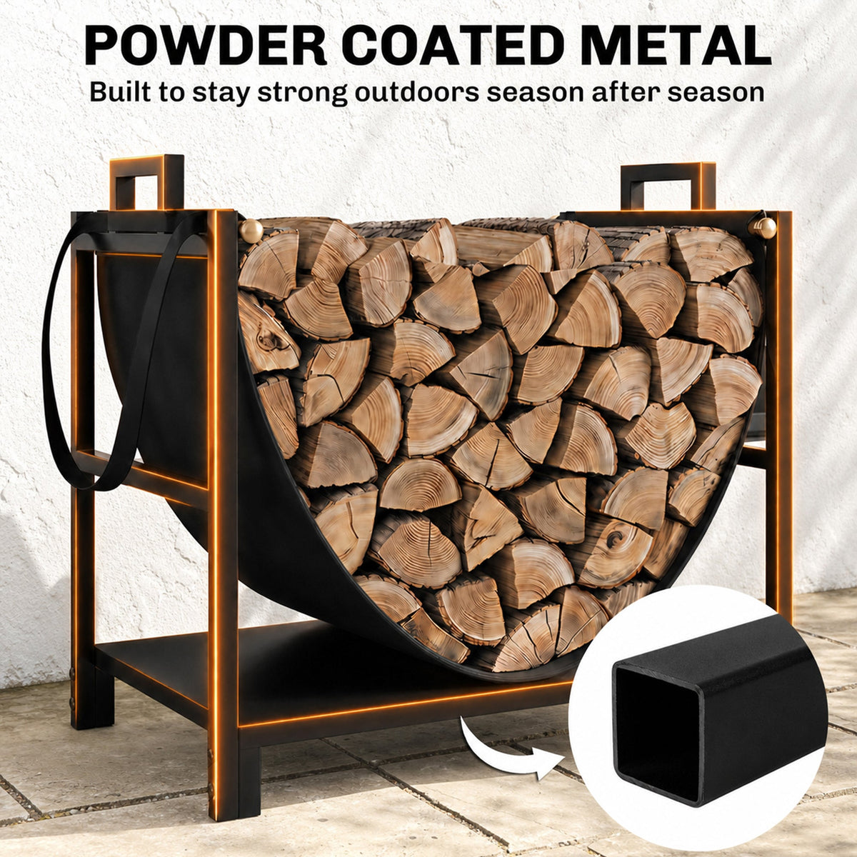 19 Inch Heavy Duty Steel Firewood Rack with Canvas Carrier for Indoor Fireplace Storage, Black