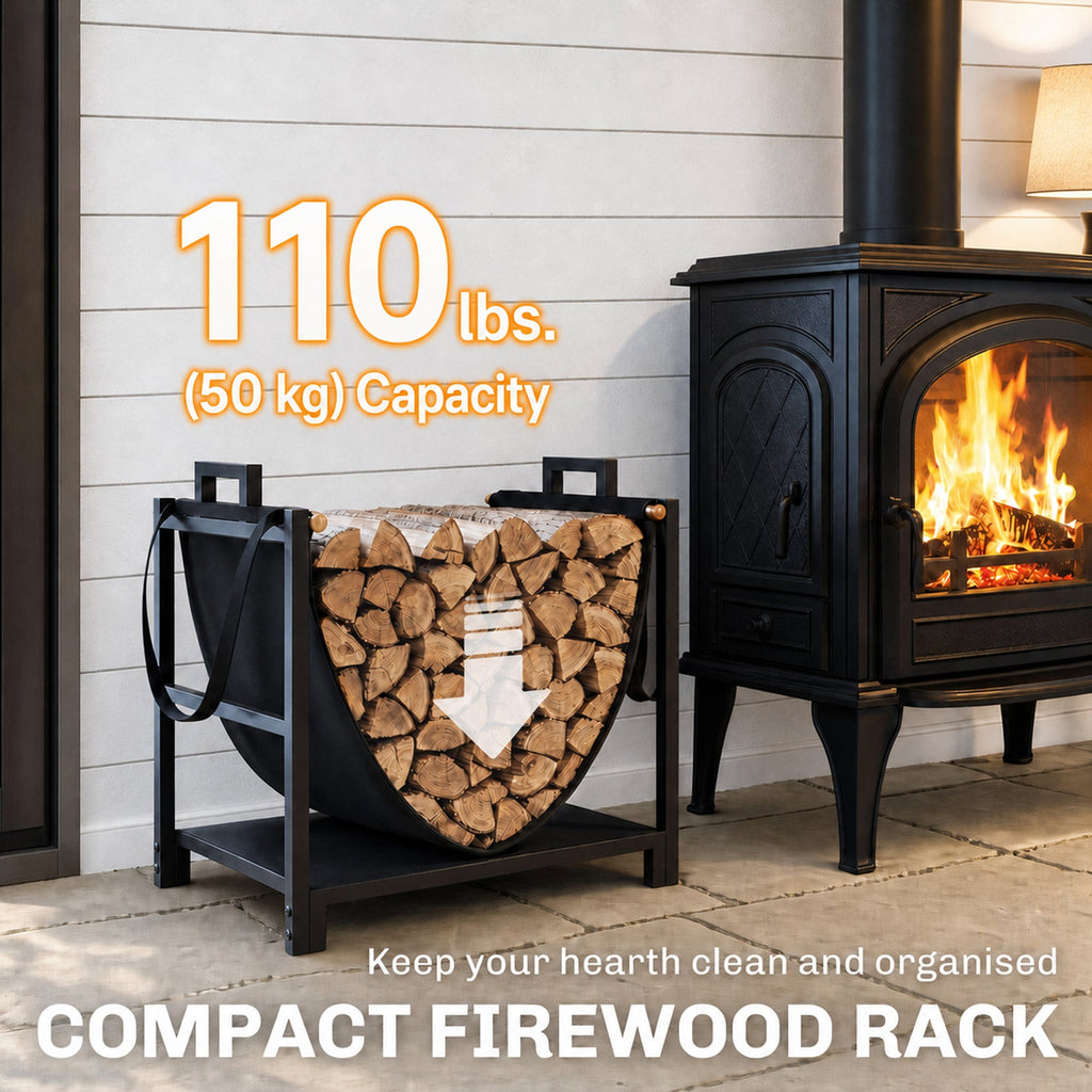 19 Inch Heavy Duty Steel Firewood Rack with Canvas Carrier for Indoor Fireplace Storage, Black