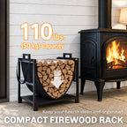 19 Inch Heavy Duty Steel Firewood Rack with Canvas Carrier for Indoor Fireplace Storage, Black