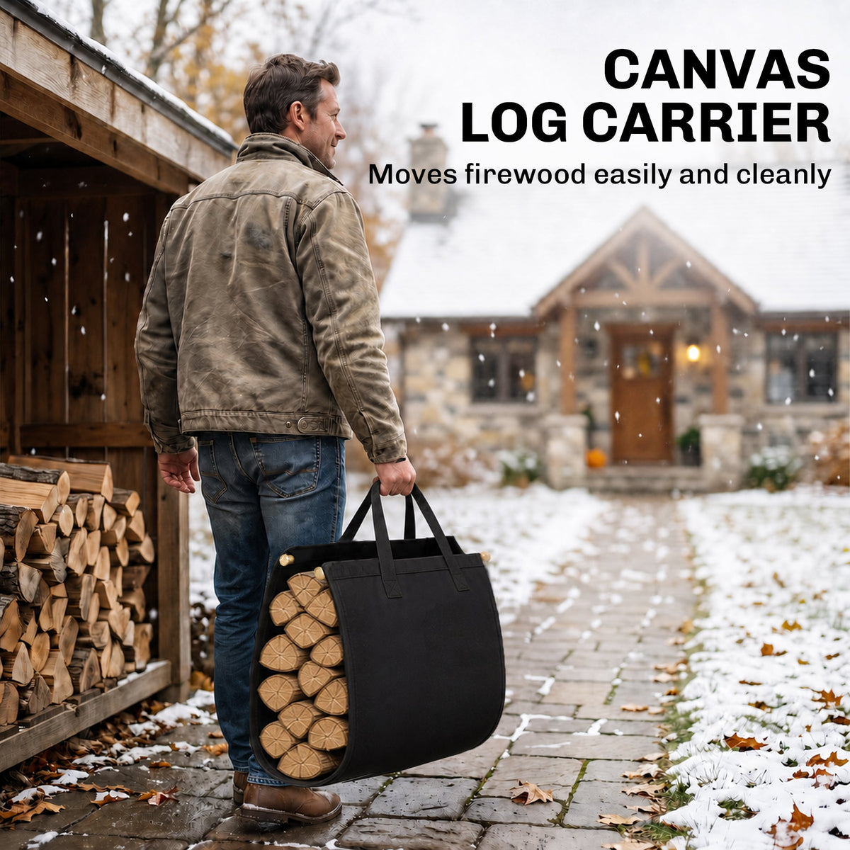 19 Inch Heavy Duty Steel Firewood Rack with Canvas Carrier for Indoor Fireplace Storage, Black