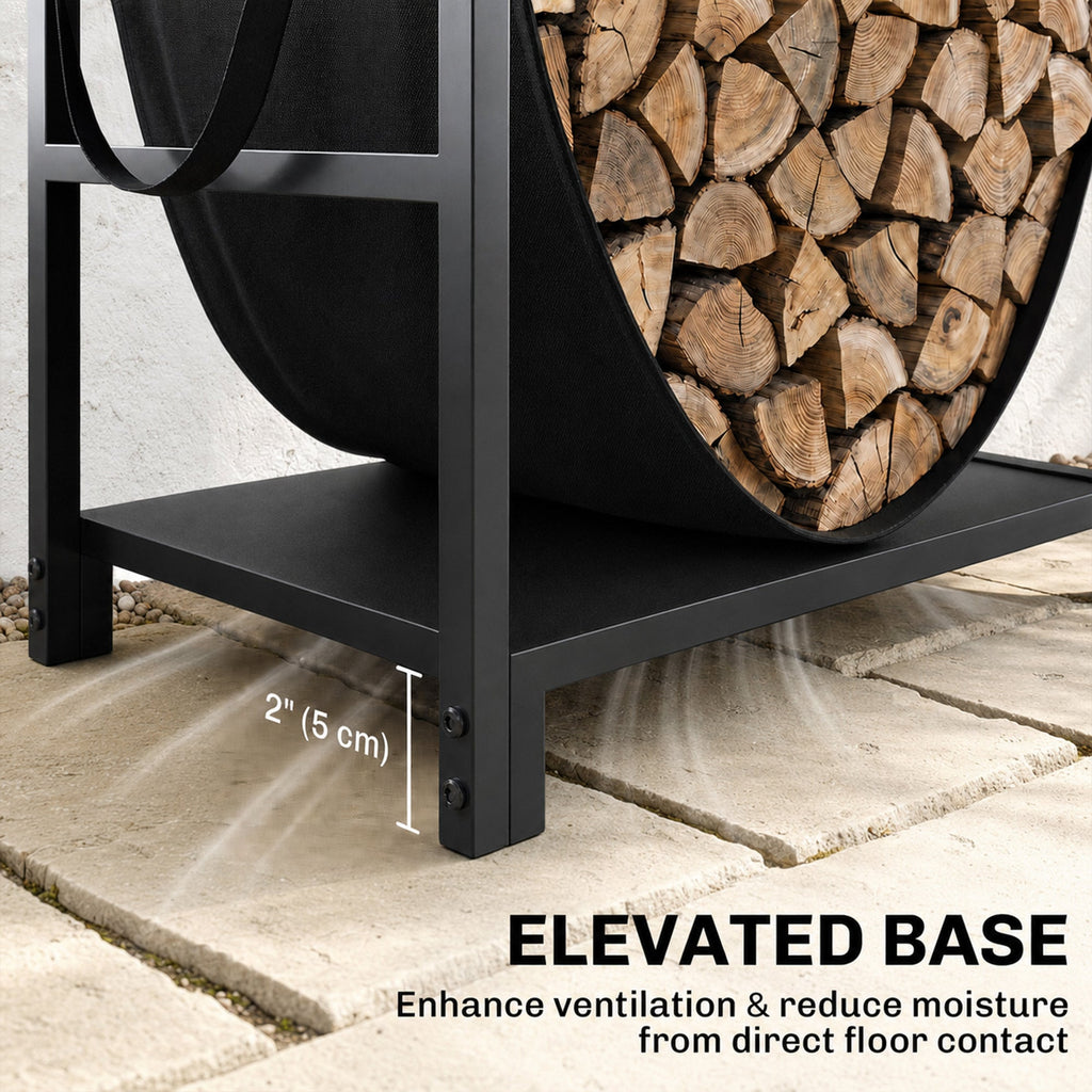 19 Inch Heavy Duty Steel Firewood Rack with Canvas Carrier for Indoor Fireplace Storage, Black