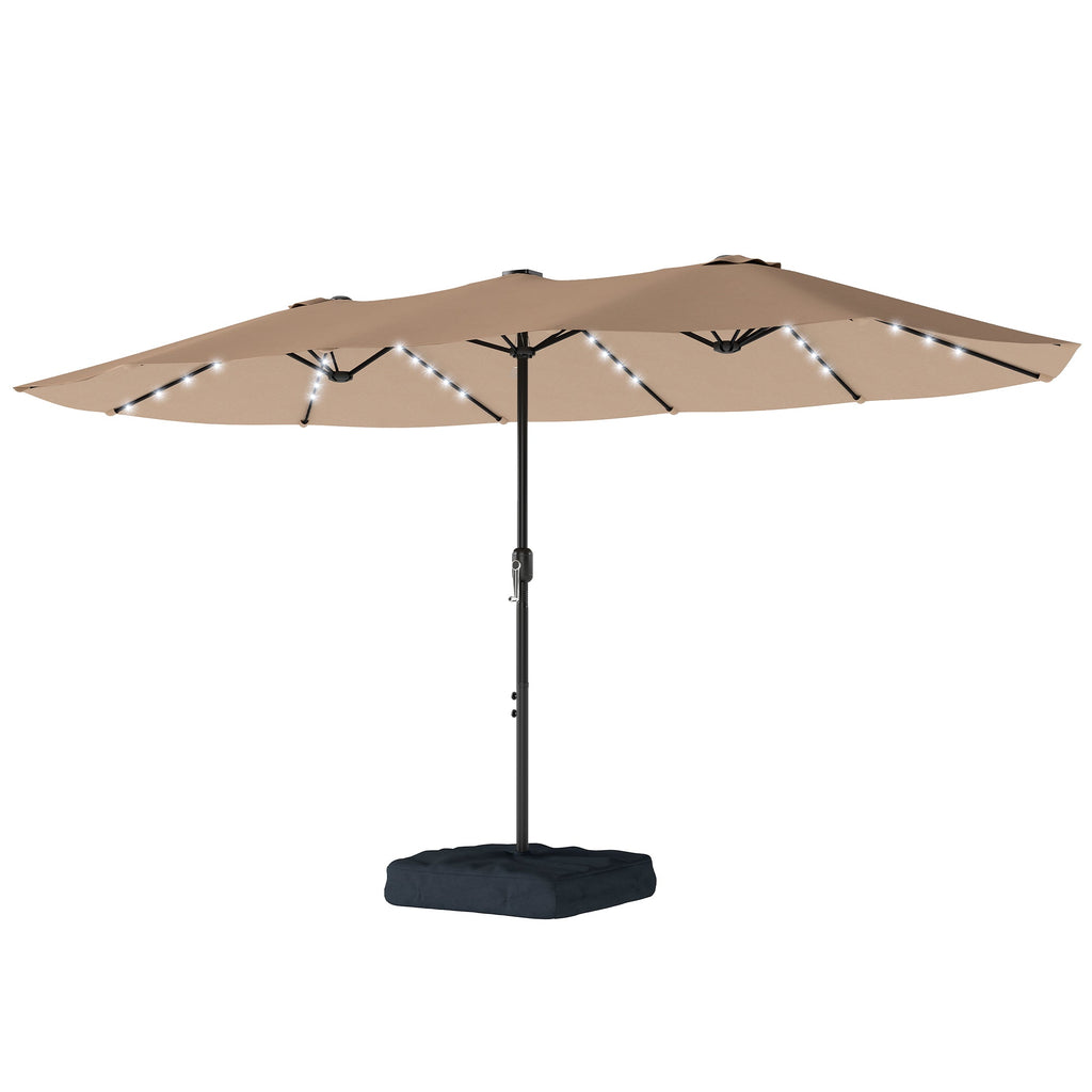 4.5 m Double-Sided Garden Parasol with LED Lights, Base & Sandbags, Khaki