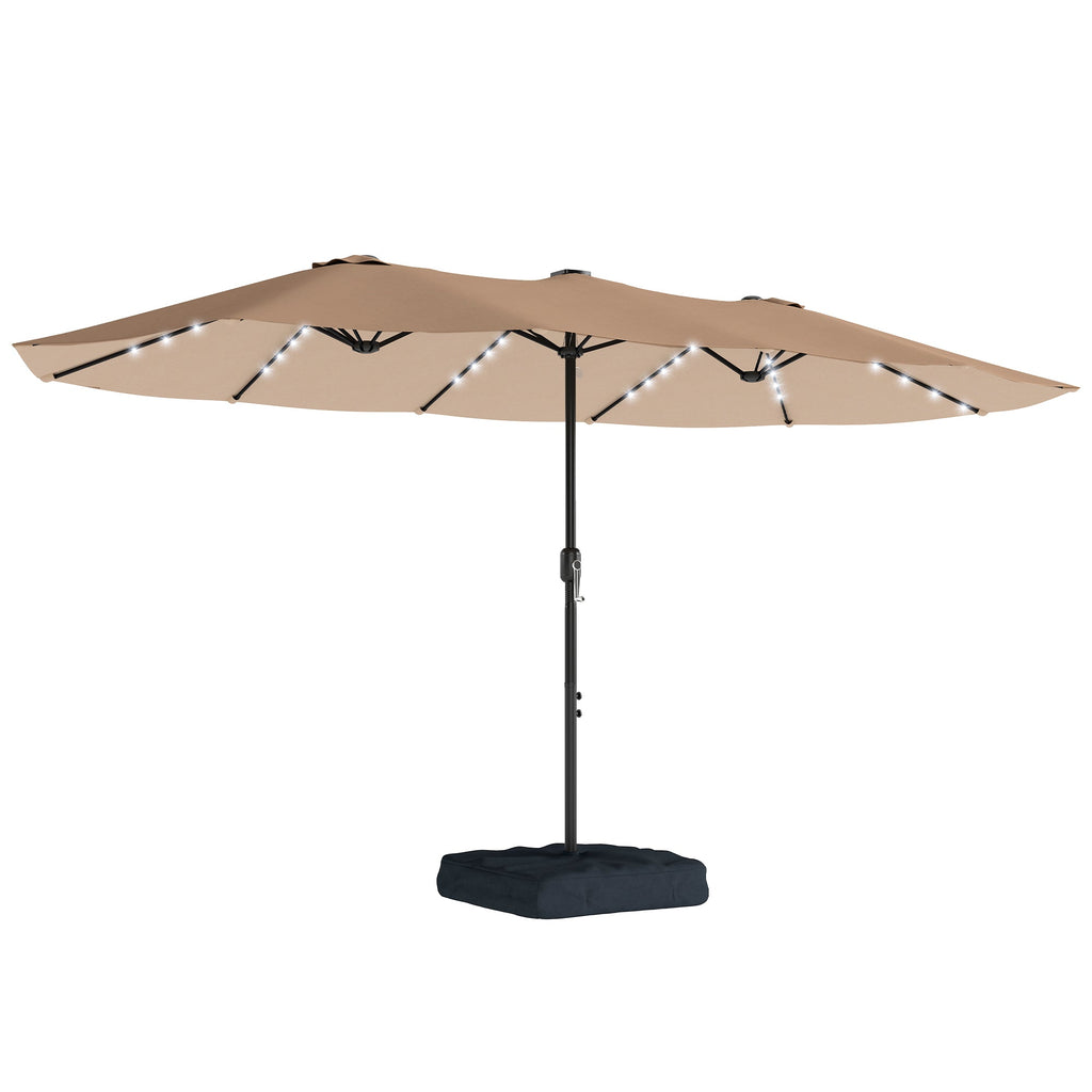 4.5 m Double-Sided Garden Parasol with LED Lights, Base & Sandbags, Khaki