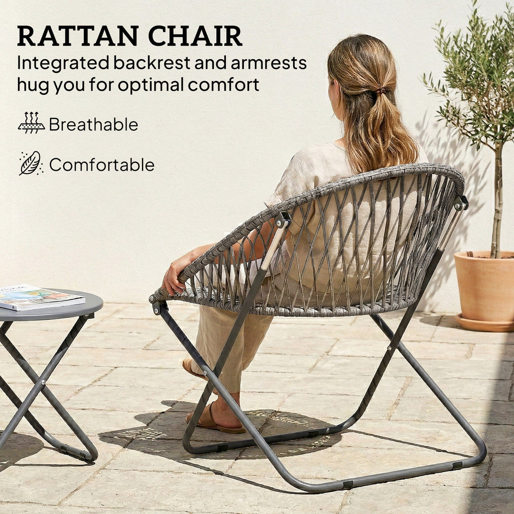 3 Piece Patio Bistro Set with Folding Rattan Chairs, Grey