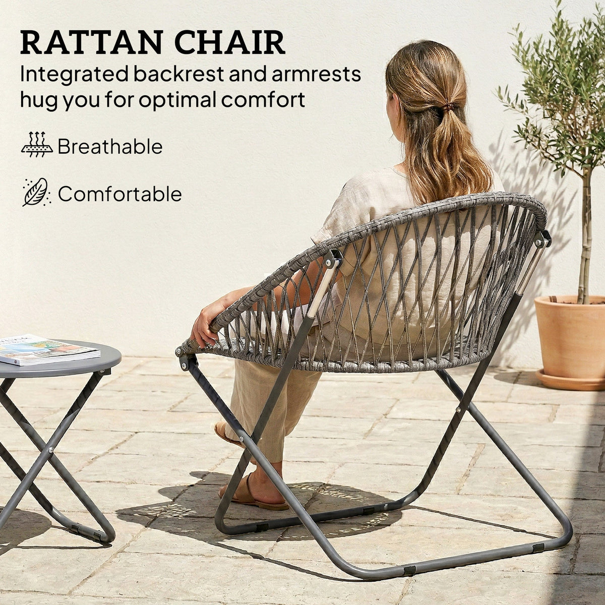3 Piece Patio Bistro Set with Folding Rattan Chairs, Grey
