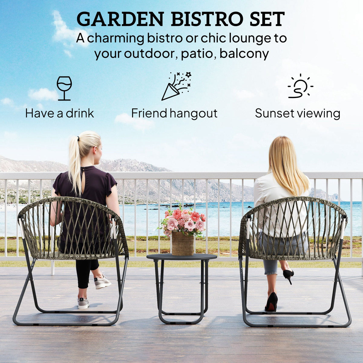 3 Piece Patio Bistro Set with Folding Rattan Chairs, Grey