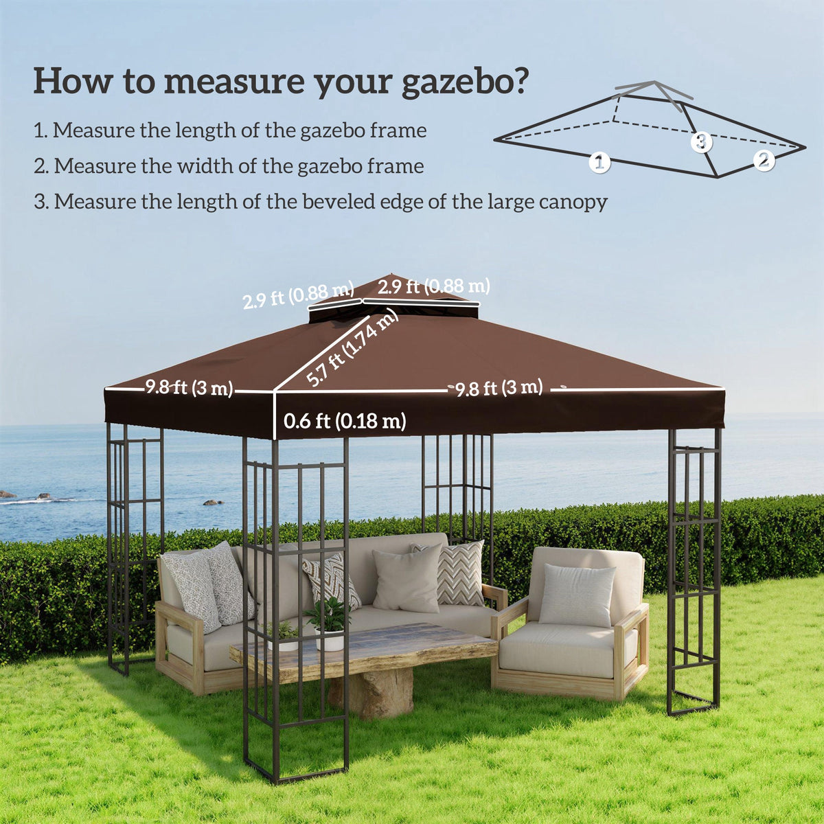 10' x 10' 2-Tier Gazebo Replacement Canopy Top Cover, Coffee