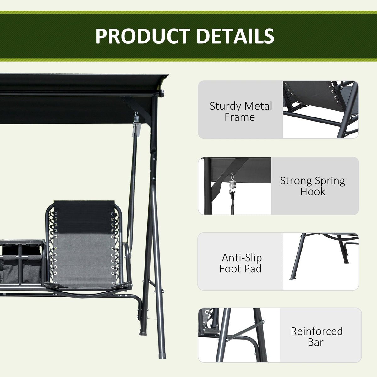 2 Person Porch Swing with Pivot Table, Cup Holder and Canopy, Black