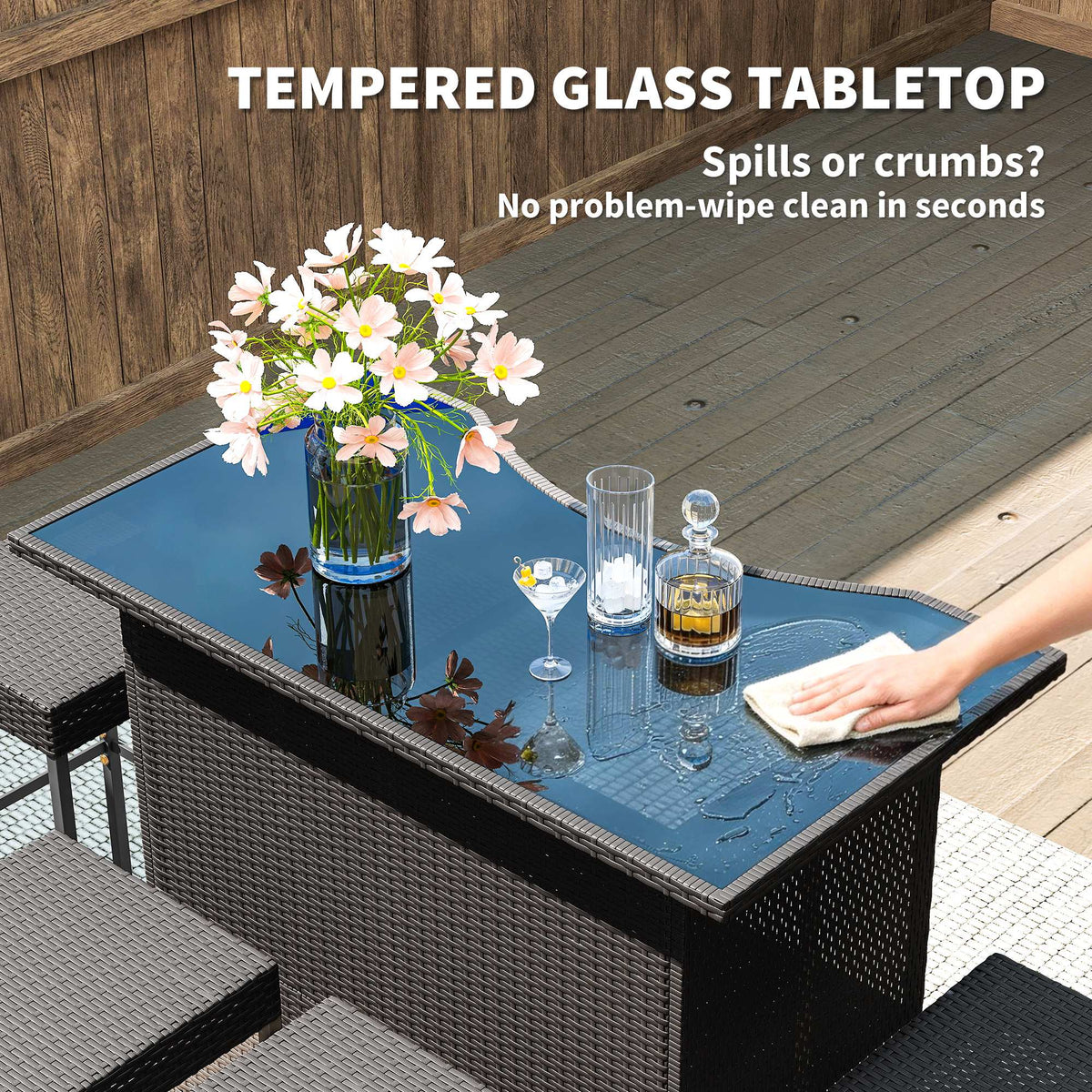 5 Piece Outdoor Wicker Bar Set with Glass Top Table and 4 Stools, Dark Brown