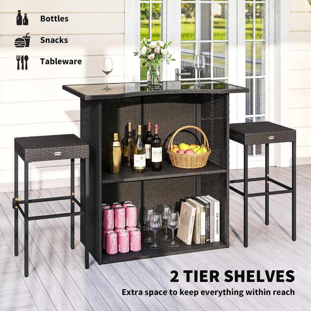 5 Piece Outdoor Wicker Bar Set with Glass Top Table and 4 Stools, Dark Brown
