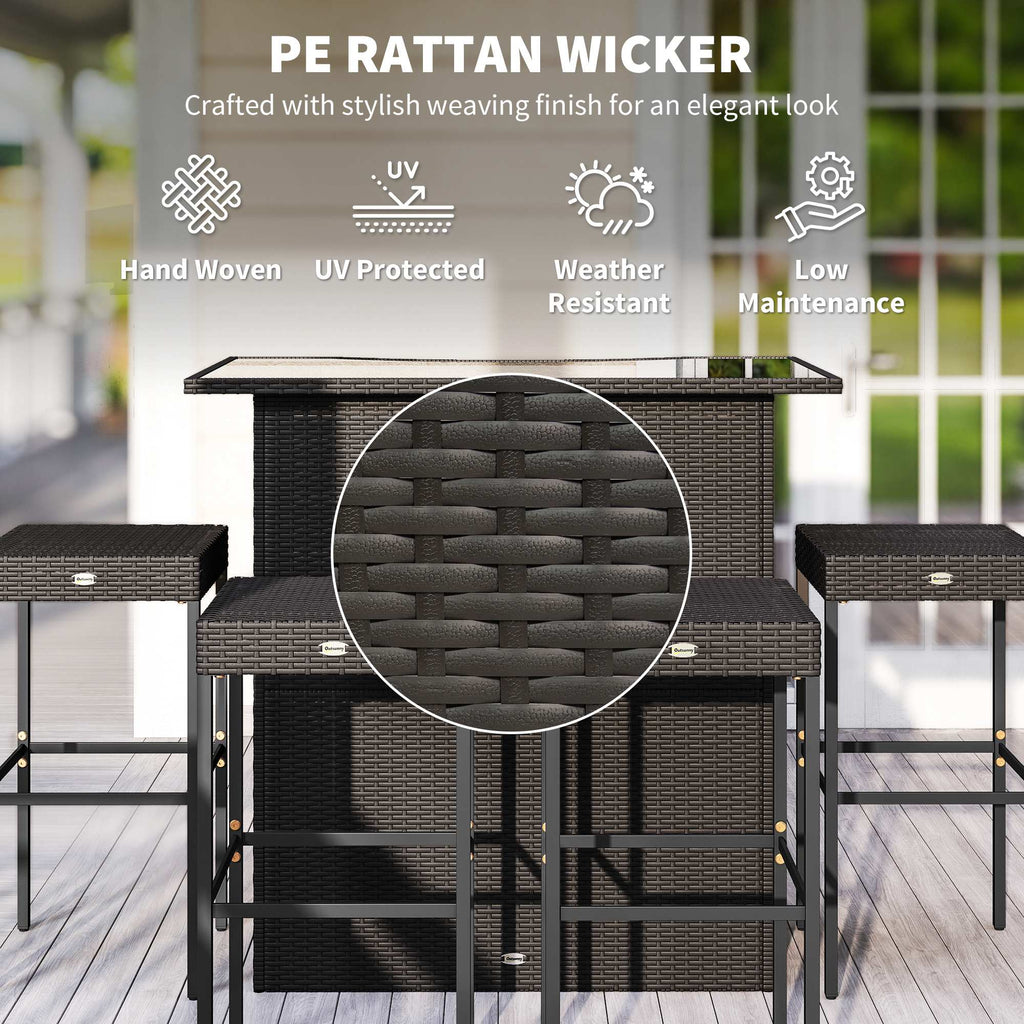 5 Piece Outdoor Wicker Bar Set with Glass Top Table and 4 Stools, Dark Brown