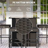 5 Piece Outdoor Wicker Bar Set with Glass Top Table and 4 Stools, Dark Brown
