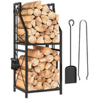 13 in 2-Tier Firewood Log Rack with Hooks & 4 Fireplace Tools, Black