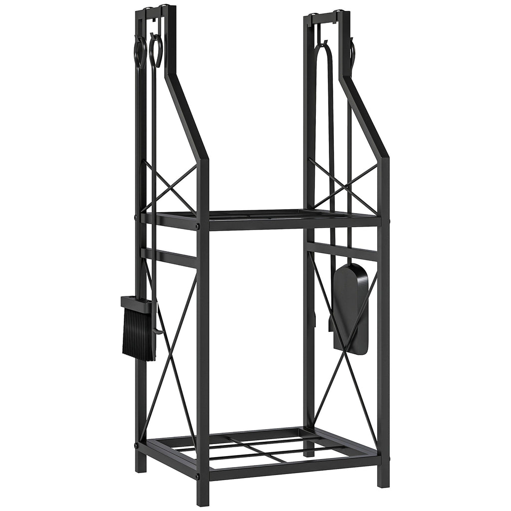 13 in 2-Tier Firewood Log Rack with Hooks & 4 Fireplace Tools, Black