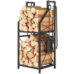 13 in 2-Tier Firewood Log Rack with Hooks & 4 Fireplace Tools, Black