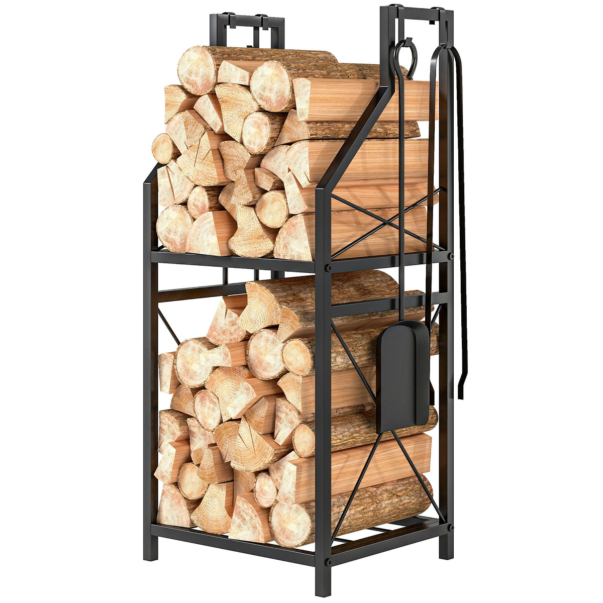 13 in 2-Tier Firewood Log Rack with Hooks & 4 Fireplace Tools, Black