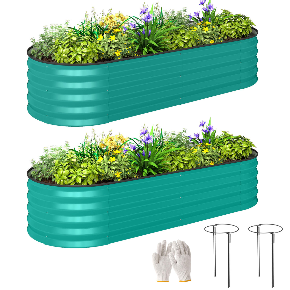 Set of 2 Galvanised Raised Beds with Stakes, 150 x 60 x 30 cm, Green